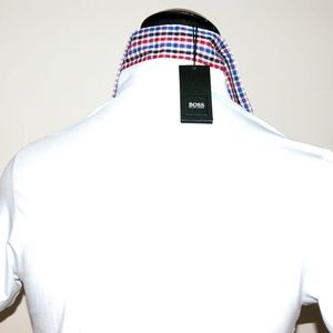 New Hugo Boss White Jersey Check Collar Polo Shirt